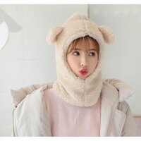 Mũ len nữ tai gấu lông cừu liền khăn cổ đáng yêu chất đẹp - mu len nu tai gau lien co dep - Trắng ngà khăn tay