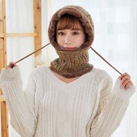 Mũ len nữ trùm đầu liền khăn choàng cổ lót lông ấm áp thích hợp cả nam và nữ - Nâu