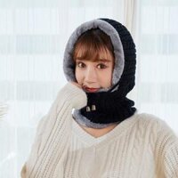 Mũ len nữ trùm đầu liền khăn choàng cổ lót lông ấm áp thích hợp cả nam và nữ - Đen