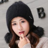 mũ len quả bông phong cách Hàn cao cấp, nón len trùm đầu thời trang mới - Đen