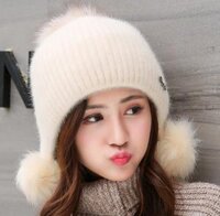 mũ len quả bông phong cách Hàn cao cấp, nón len trùm đầu thời trang mới - Kem