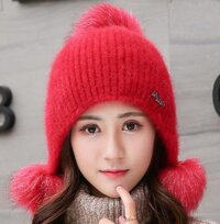 mũ len quả bông phong cách Hàn cao cấp, nón len trùm đầu thời trang mới - Đỏ đô