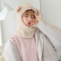 Mũ len tai gấu liền khăn cổ che kín tai gáy lông cừu chắc chắn ấm áp - Trắng ngà