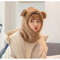 Mũ len tai gấu liền khăn cổ che kín tai gáy lông cừu chắc chắn ấm áp - Nâu