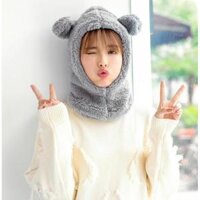 Mũ len tai gấu liền khăn cổ che kín tai gáy lông cừu chắc chắn ấm áp - Ghi