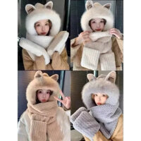 Mũ len tai mèo 3in1 khăn kèm bao tay thời trang hàn quốc dành cho nữ