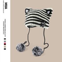 Mũ Len Tai Mèo Đính Quả Bông Phong Cách yabi Nhật Bản Đáng Yêu