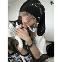 Mũ len tai thỏ phối khuyên kim loại và strap da Goth Bunny Beanie cá tính. Phong cách harajuku anime