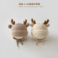 Mũ len trẻ em, mũ len 2 lớp dày ấm cho bé size 10 tháng - 3 tuổi sừng tuần lộc dễ thương