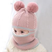 Mũ len trùm đầu quả bông dễ thương liền khăn cổ giữ ấm chồng gió lạnh mùa đông cho bé - mu len trum dau - Hồng