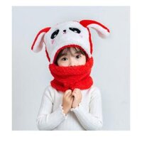 Mũ len trùm đầu tai gấu dễ thương liền khăn cổ giữ ấm chống gió lạnh mùa đông - mu len trum dau - Đỏ tai thỏ,S Bé từ 1-3 tuổi