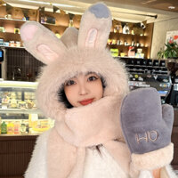 Mũ len trùm đầu tai thỏ, khăn quàng cổ có mũ và găng tay siêu siêu ấm, bất chấp mùa đông lạnh giá