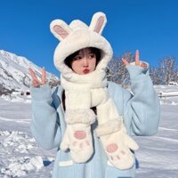 Mũ len trùm đầu tai thỏ, khăn quàng cổ có mũ và găng 3 trong 1