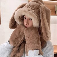 Mũ len trùm đầu tai thỏ, khăn quàng cổ có mũ và găng tay siêu ấm cute