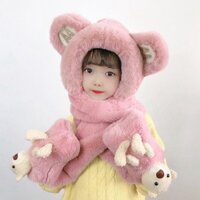 Mũ lông cho bé kèm khăn quàng cổ găng tay hình gấu hot 2023, mũ len 3in1 mùa đông ấm áp cao cấp trẻ em từ 4-12 tuổi