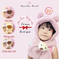 Mũ lông cho bé, mũ len trùm đầu kèm khăn choàng cổ mềm, mịn siêu ấm, họa tiết gấu đáng yêu cho bé từ 2-6 tuổi