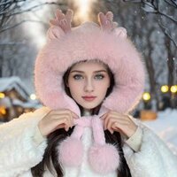 Mũ lông chùm đầu tai gấu sừng tuần lộc lấp lánh thêu M phụ kiện dây quả bông bịt tai mùa đông bé trai gái,cặp đôi nam nữ