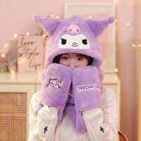 Mũ Lông Cừu 3in1 Hình Kuromi Siêu Kute🍀FREESHIP🍀Mũ Kèm Khăn Quàng Cổ Và Sỏ Tay Kiểu Dáng Hàng Quốc