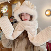 Mũ lông cừu 3in1 sừng nai cho nữ🍀FREESHIP🍀 Nón len trùm đầu 3trong1 cho mùa đông kèm khăn quàng cổ giữ ấm thời trang