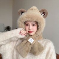 Mũ lông cừu nón len lông cừu nữ tai gấu thời trang kèm khăn Bộ khăn choàng cổ mùa đông hai mảnh dày dặn và ấm áp