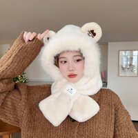 Mũ lông cừu nón len lông cừu nữ tai gấu kèm khăn quàng cổ Mũ sưởi mùa đông