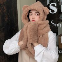 Mũ lông cừu tai gấu kèm khăn quàng cổ và găng tay 3in1, mũ len, mũ gấu