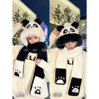 Mũ Lông Liền Khăn Quàng Cổ Hình Gấu Trúc Trắng Đen Siêu Cute