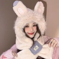 Mũ lông nữ tai thỏ trùm đầu liền khăn mùa đông ấm áp Nón len beanie cute thời trang dễ thương