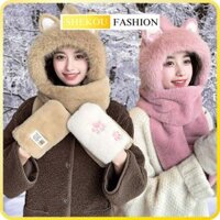 Mũ lông tai Mèo Trùm Đầu Kèm Khăn Và Bao Tai Siêu Xinh Mũ Lông Cừu Dày Mịn Ấm Áp