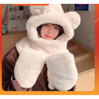 Mũ Lông Trùm Đầu Giữ Ấm Cho Bé 3in1 Hình Gấu Hàng Có Sẵn