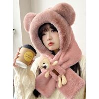 mũ lông trùm đầu tai gấu kèm khăn,chất lông mềm mại dày dặn ấm áp giữ nhiệt chắn gió, cho mùa đông ấm áp