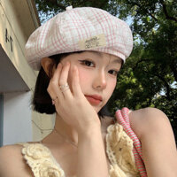 Mũ nồi ca rô màu hồng kiểu Nhật mũ họa sĩ nhỏ lộ mặt mẫu mới mùa xuân năm 2025 cho nữ mũ hình bát giác Vòng đầu lớn sành điệu