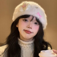 Mũ nồi lông bông hoa Mũ nồi nhỏ lộ mặt vòng đầu to mùa thu đông cho nữ Mũ lông thỏ màu trắng ấm