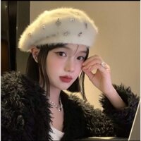 Mũ nồi mũ Beret lông thỏ đính đá cao cấp phong cách Hàn Quốc