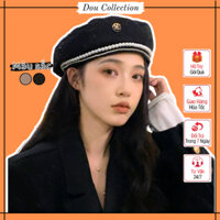 Mũ Nồi Unisex Nam Nữ, Nón Beret Retro Không Vành Phối Dây Trân Châu Kèm Logo Chữ M Phong Cách Nhật Bản - Mã MN032