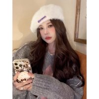 Mũ Nồi Vải Lông Màu Trắng In Chữ Phong Cách Hàn Quốc Thời Trang Mùa Đông Cho Nữ