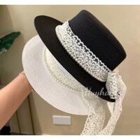 Mũ /nón cói đầu bằng đai ngọc phối ren vành ngang 6cm,hàng QC loại 1