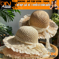 Mũ nón cói nữ đi biển vành rộng viền ren dây nơ thời trang tiểu thư BINSPORTS M004