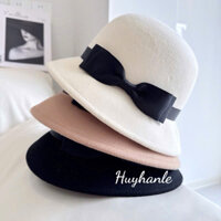 Mũ nón nỉ dạ vành cụp đầu tròn đai đen 2 lớp nơ