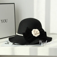 Mũ nón nỉ dạ vành hơi lượn, nơ hoa trà