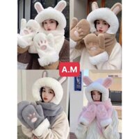 Mũ phong cách Hàn Quốc dành cho nữ mùa thu đông quàng cổ hình thỏ ba món có mũ trùm đầu khăn đa năng  [BBH90]