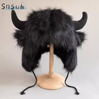 Mũ sang trọng SNSUH Bullhead, có sừng Mũ lông tơ, Mũ bông chống gió dày Unisex