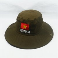 Mũ tai bèo nam vành rộng thêu cờ Việt Nam, chất liệu vải kaki oát mát mẻ, bền chắc - Hạnh Dương - Nâu nhạt