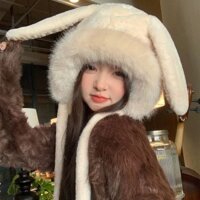 Mũ tai thỏ sang trọng dành cho nữ, mũ lông ấm áp mùa đông, mũ sấm sét bảo vệ tai mùa đông