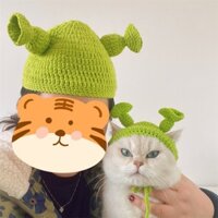Mũ thú cưng Shrek cho mèo con, mũ đầu mèo quái vật, mũ ếch đan màu xanh hài hước cho chó