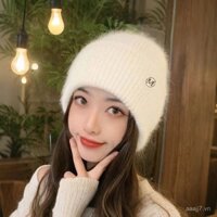 Mũ trắng mùa đông cho phụ nữ, mũ đan mới 2025, mũ len dày có lót lông cừu cao cấp giúp khuôn mặt trông nhỏ hơn