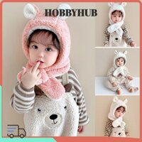 Mũ trẻ em HOBBYHUB Khăn quàng cổ có mũ trùm đầu, Lông thú giả dày ấm áp mùa đông cho bé, Mũ len hai mặt bảo vệ cổ chống gió thời trang
