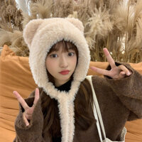 Mũ Trùm Đầu Giữ Ấm Tai Gấu Bông Dày Dặn Chống Gió Thời Trang Mùa Đông Cho Nữ