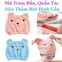 Mũ Trùm Đầu Làm Khô Tóc, Khăn Quấn Tóc Siêu Thấm Hút Hình Gấu 26Cm