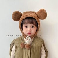 Mũ Trùm Đầu Vải Nỉ Lót Lông Cừu Giữ Ấm Tai Gấu Siêu Dễ Thương Thời Trang Thu Đông Cho Bé Trai Và Gái